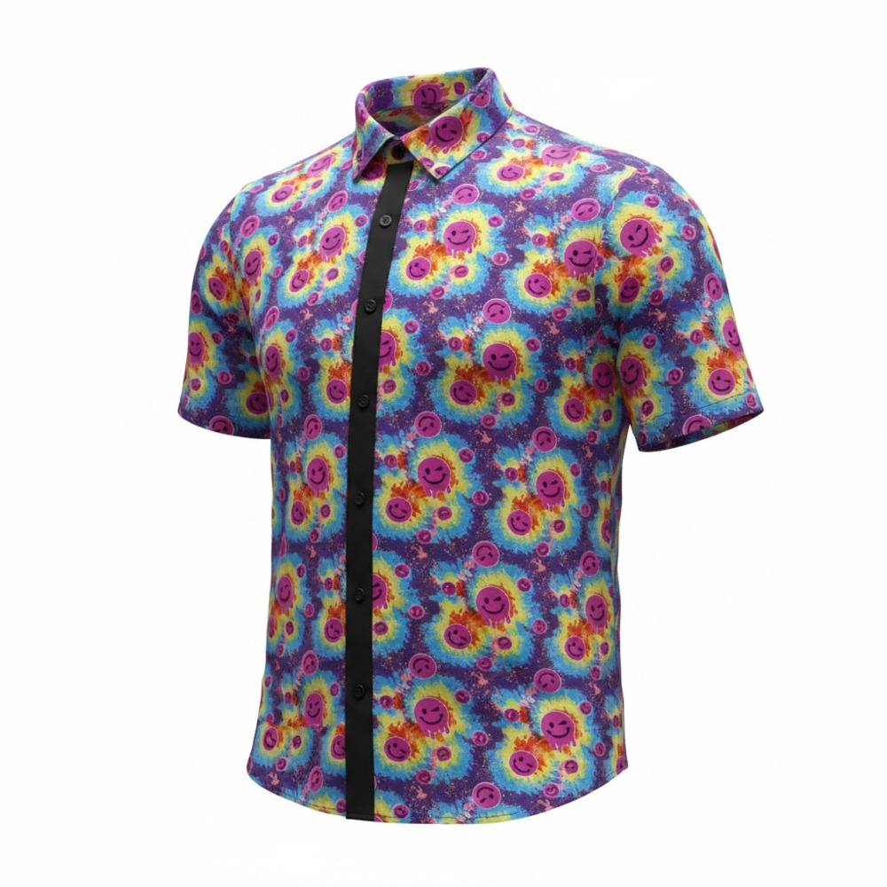 Spencer's Psychedelic Smiley Face Print Short Sleeve Button-Down Shirt